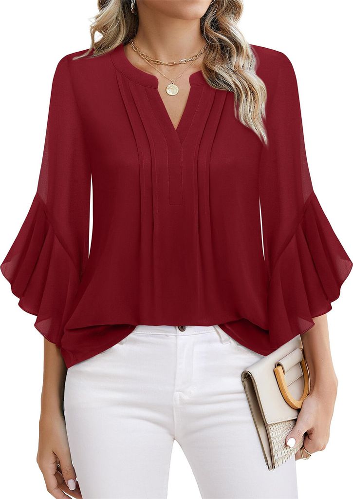 ASKSA Damen 3/4 aermel Bluse Elegant V-Ausschnitt Chiffon Tunika Doppellagig Hemden Tops Shirt Casual Business Locker Oberteil (Weinrot,S)