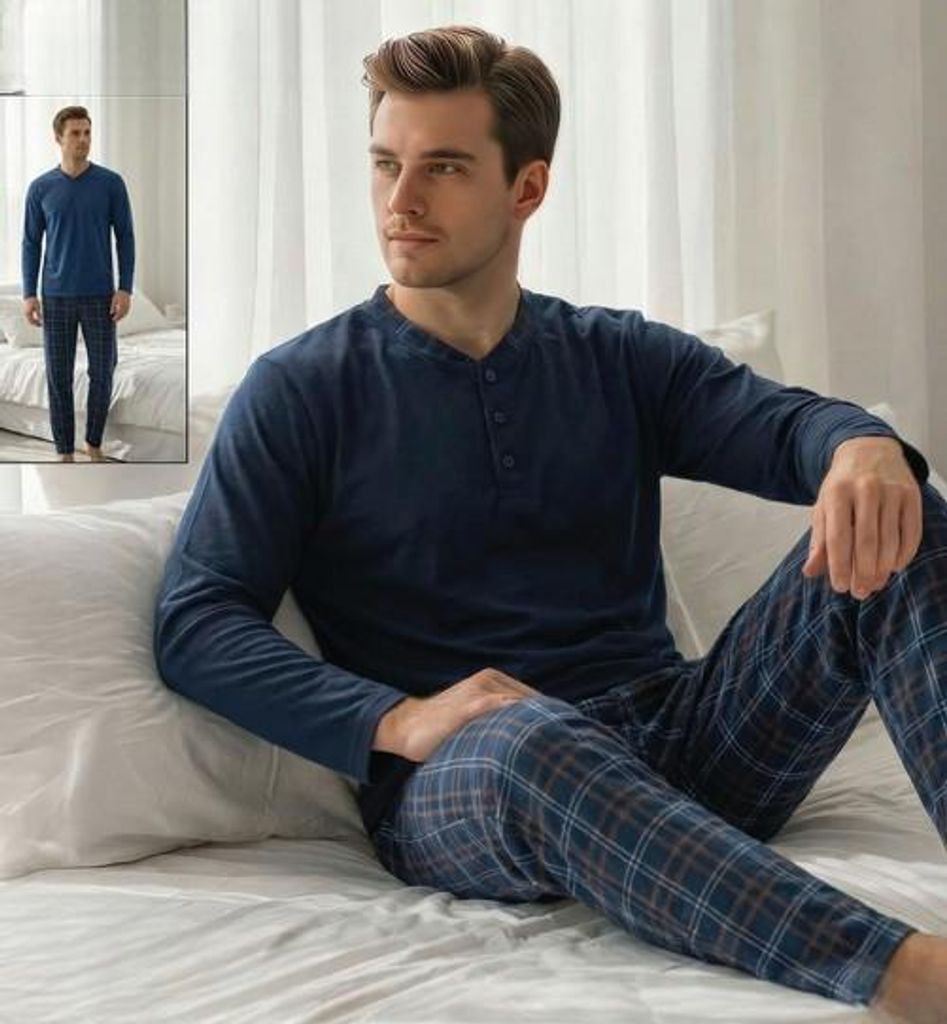 Pigiama da uomo blu, taglia M, in cotone, lungo, M-75 Immagine del prodotto 