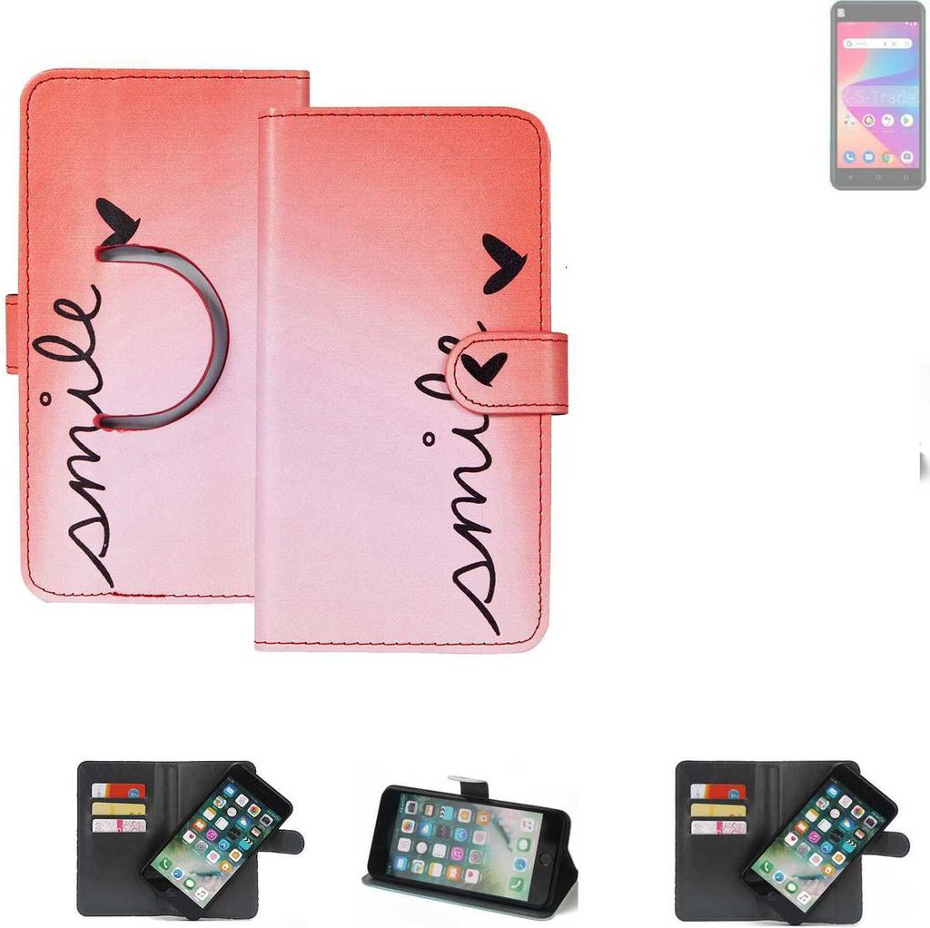 K-S-Trade Schutzhülle Handyhülle kompatibel mit BLU Studio X10L 2022 Hülle cover bookstyle Etui ''smile'' rot Standfunktion Kameraschutz (1Stk)