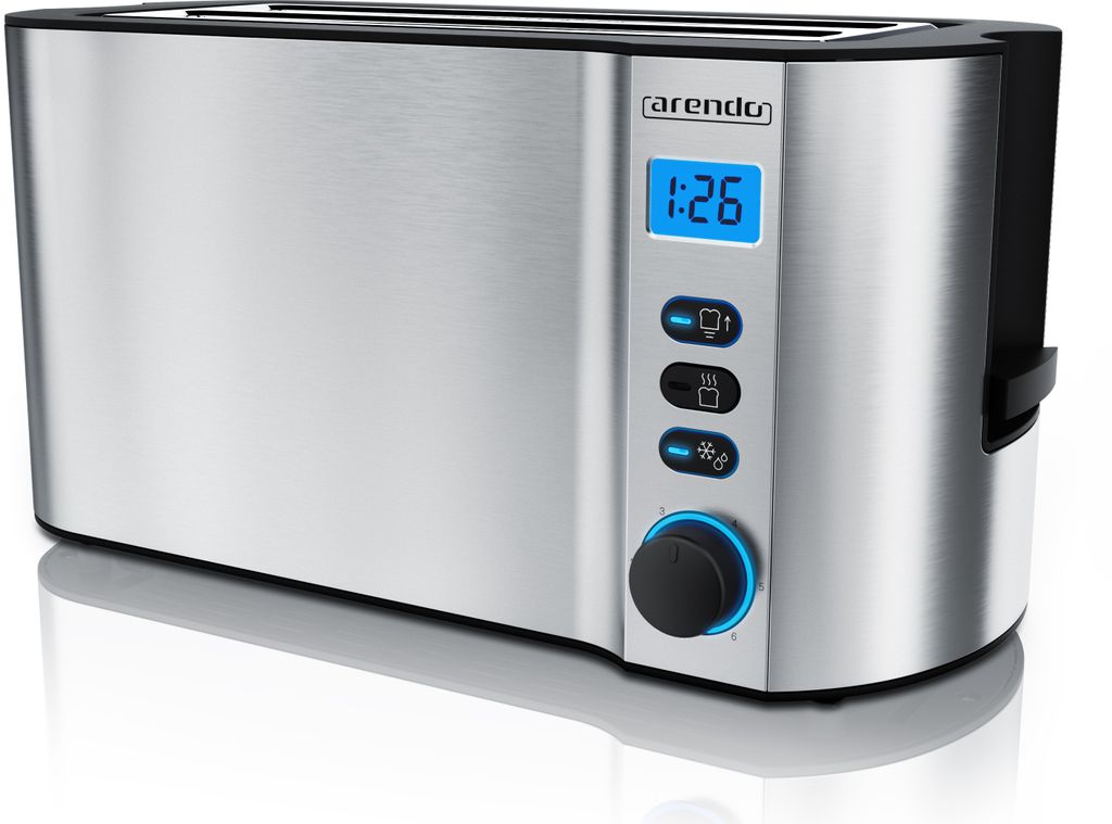 Arendo Toaster, 2 lange Schlitze, für 4 Scheiben, 1500 W, Langschlitz, Brötchenaufsatz, Wärmeisolierendes Gehäuse, Display, silber