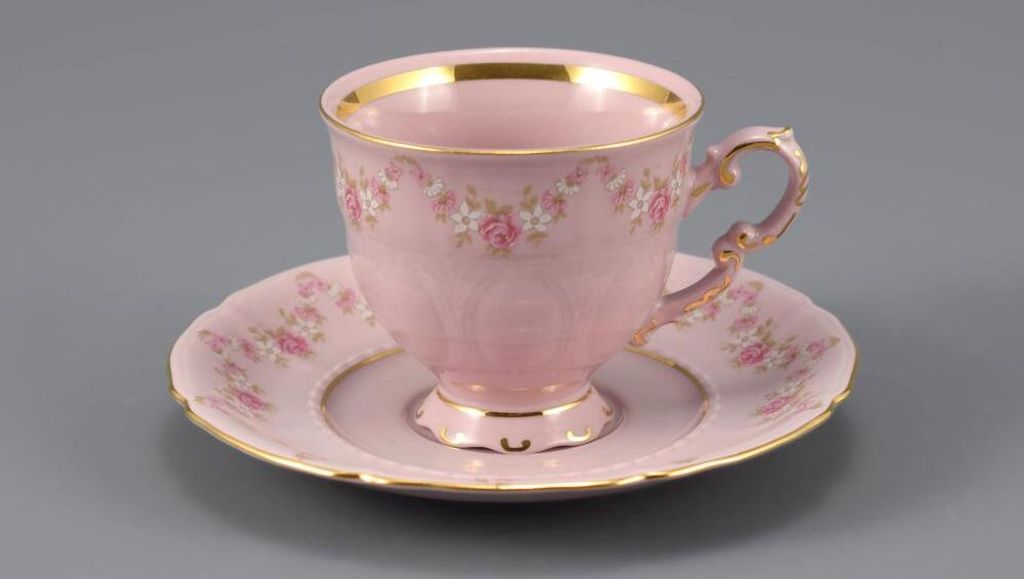 Sonata, Kaffeetasse mit Untertasse, 0,15 l, rosa Porzellan, Blumen, Leander