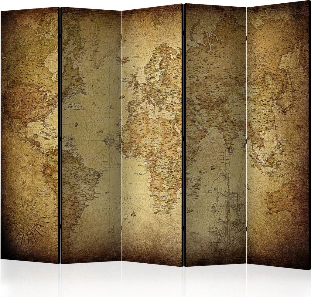 5-teiliger Einseitiger Vlies Paravent - Old map II 225x172 cm Karten k-C-0096-z-c