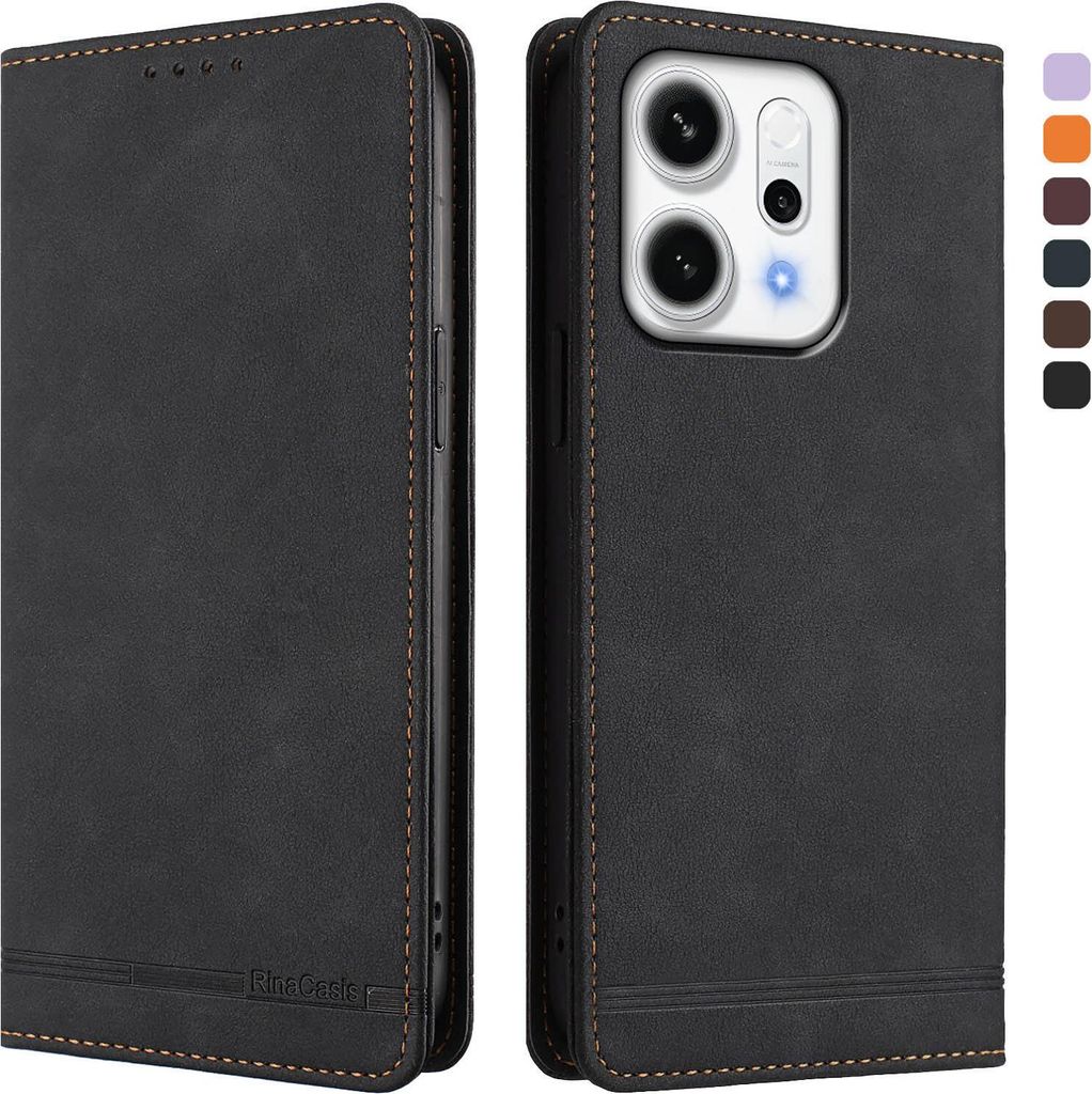 Hülle für Oppo Reno14 /Reno14 F 5G, Retro Kunstleder Ständer Klapphülle mit Kartenfächer und Magnetische Schwarz