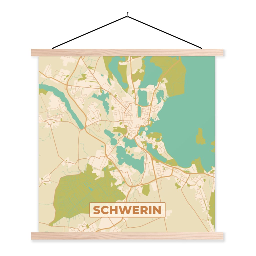 MuchoWow Textilposter Schwerin - Karte - Vintage - Stadtplan 60x60 cm mit holzfarbenen Rahmen - Wanddekoration