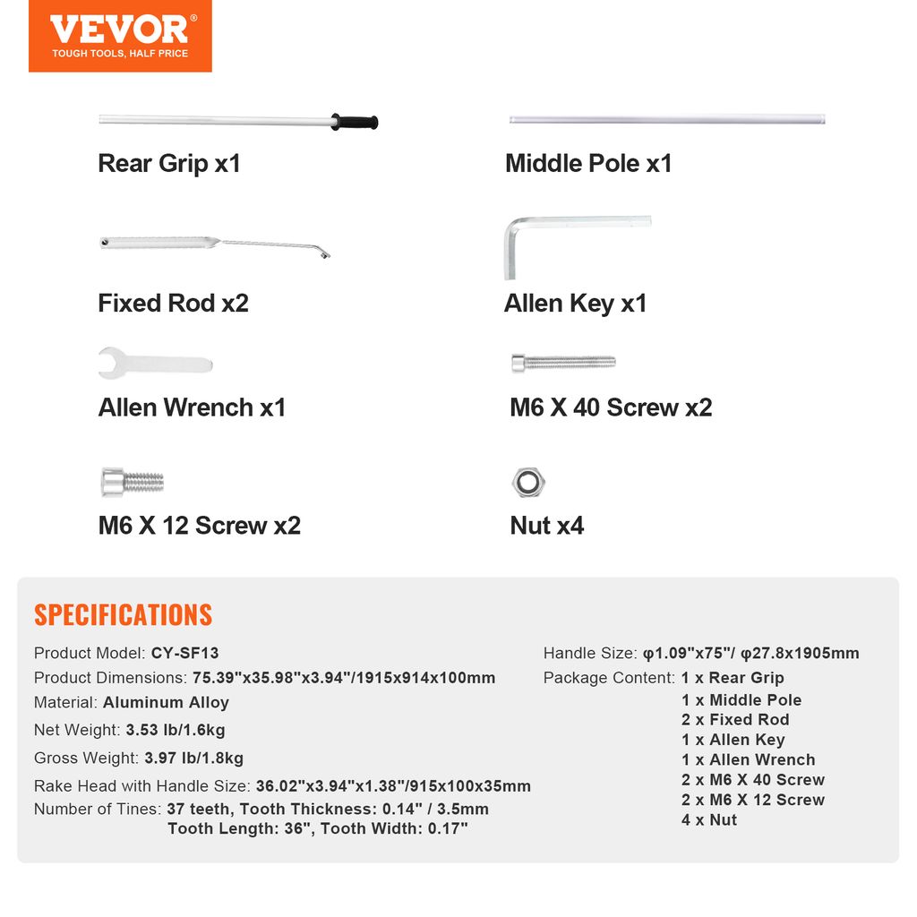 VEVOR Hrábě na trávu 1915 x 914 x 100 mm Hrábě na trávu Obrázek produktu 7