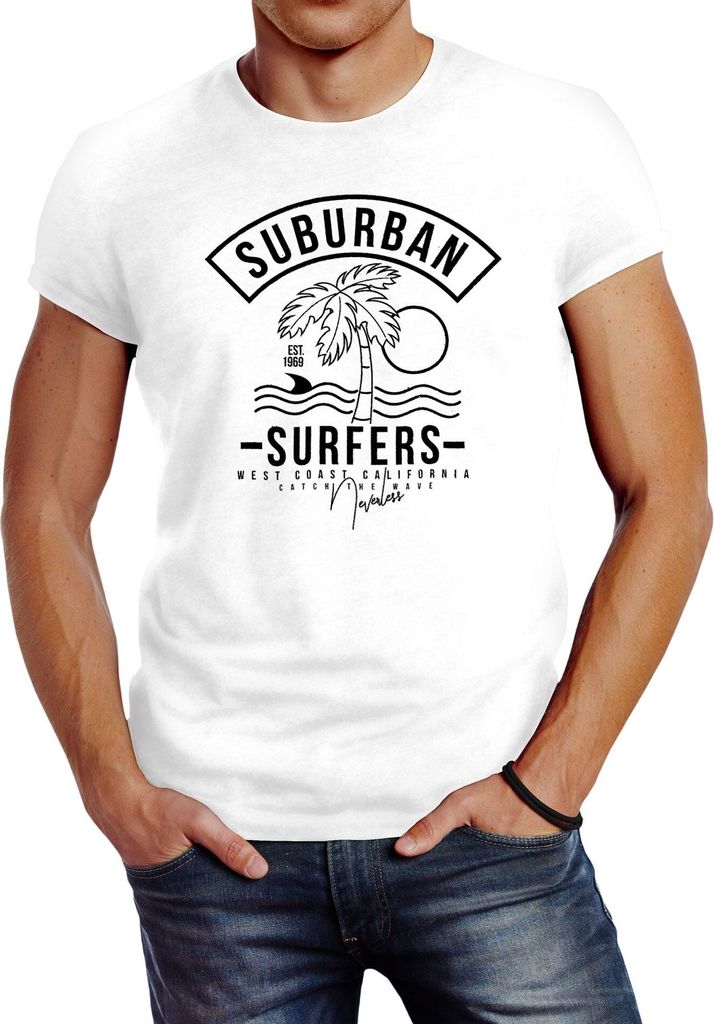 Herren T-Shirt Suburban Surfers West Coast California Urlaub Meer Wellenreiten Slim Fit Neverless weiß M