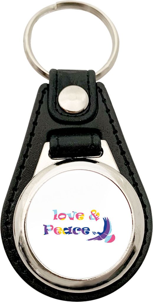 Huuraa Schlüsselanhänger Love & Peace Metall mit Kunstleder Schlüsselring Einkaufswagenchip Geschenkidee