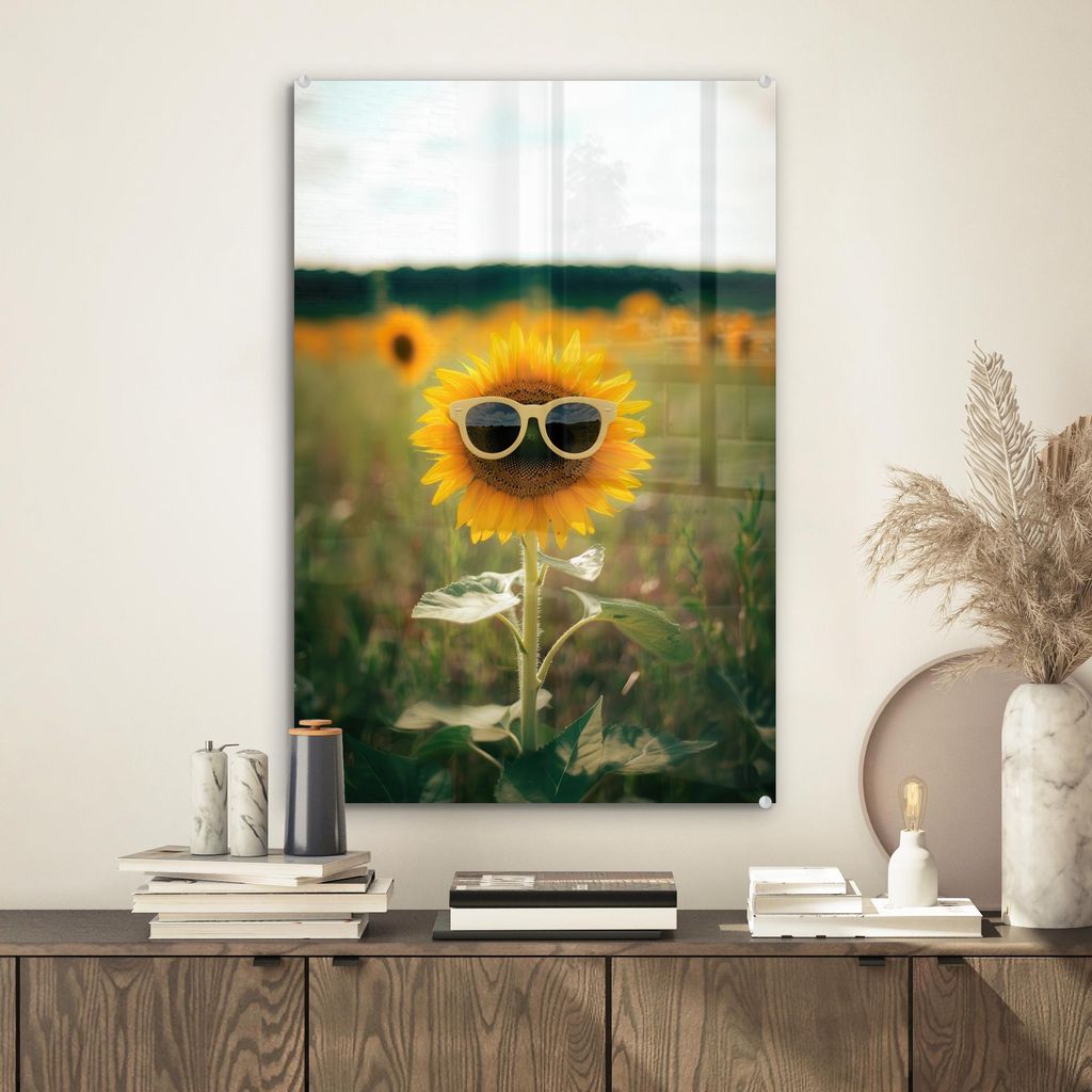 MuchoWow Glasbilder - Bilder auf Wandbild - Foto auf Glas Sonnenblume - Feld - Sonnenbrille 40x60 cm Wanddekoration aus Glas - Acrylglasbild - Acry...