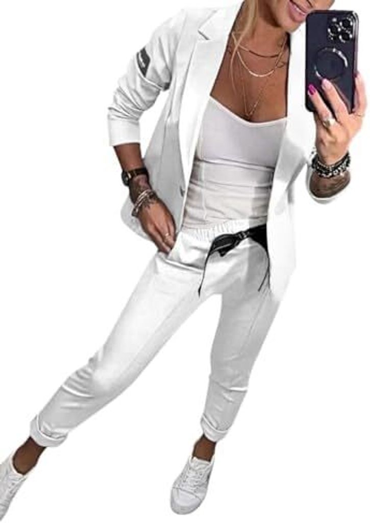 ASKSA Damen Lange aermel Zweiteiler Elegant Business Anzug Set Revers Buero Langarm Anzugjacke Blazer Hose 2-teilig Outfit Streetwear Freizeitanzug...