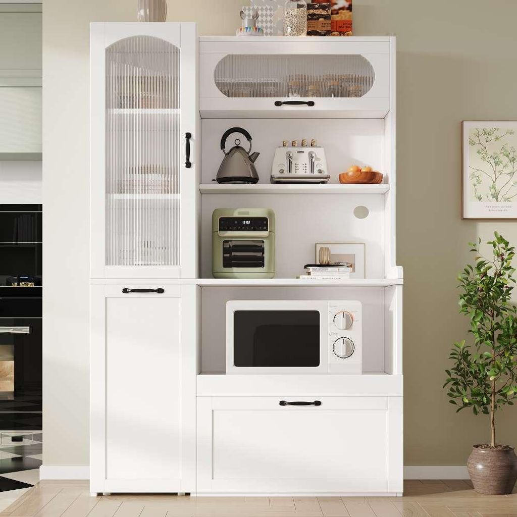 Highboard Küchenschrank mit verstellbaren Regalen Schubladen Riffelglas Wohnzimmer Natur