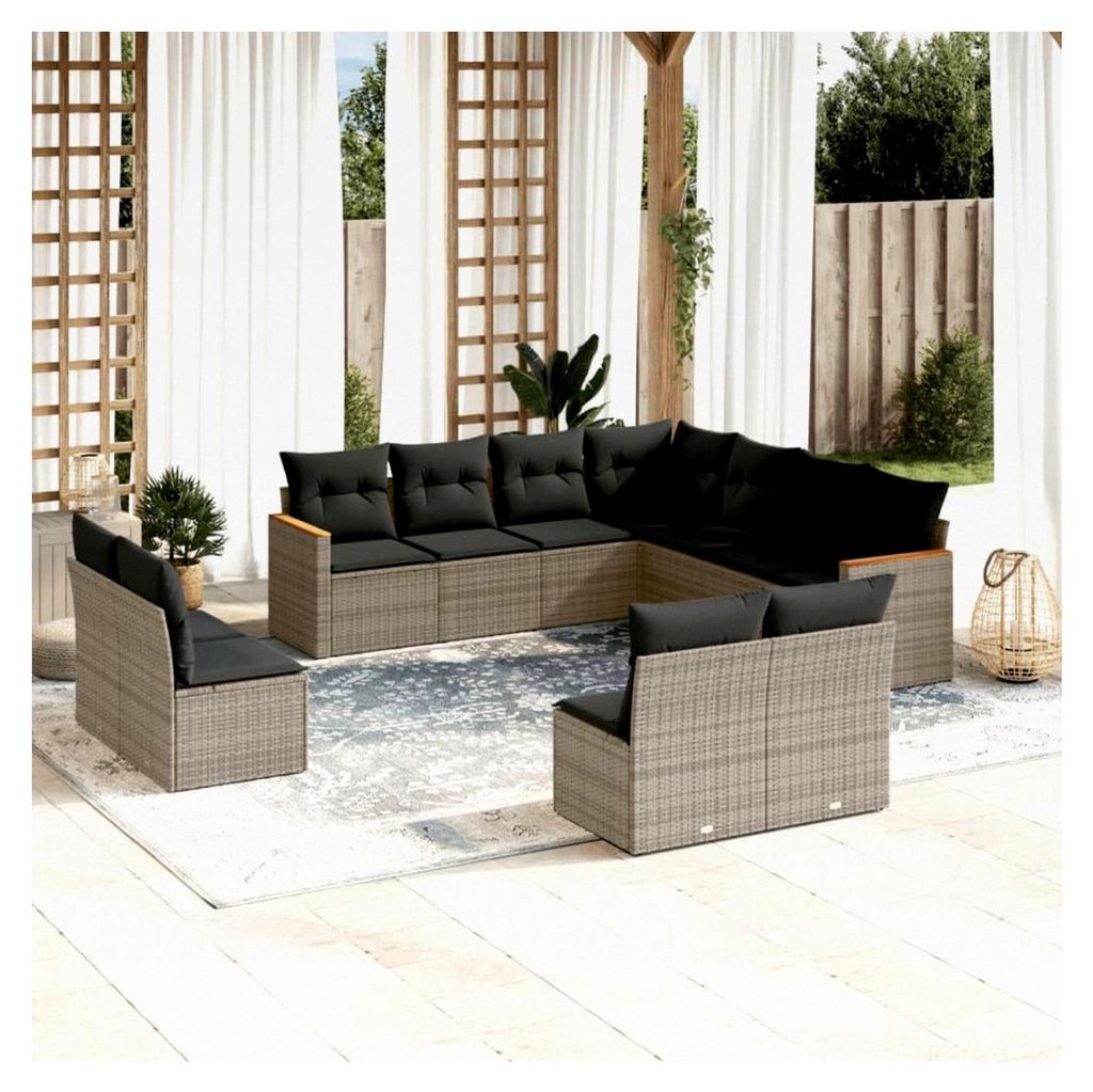 11-teiliges Garten-Sofagarnitur mit Kissen in Grau aus Poly Rattan, Lounge Gartenmöbel Set, Balkonmöbel, Gartenlounge, Gartensofa