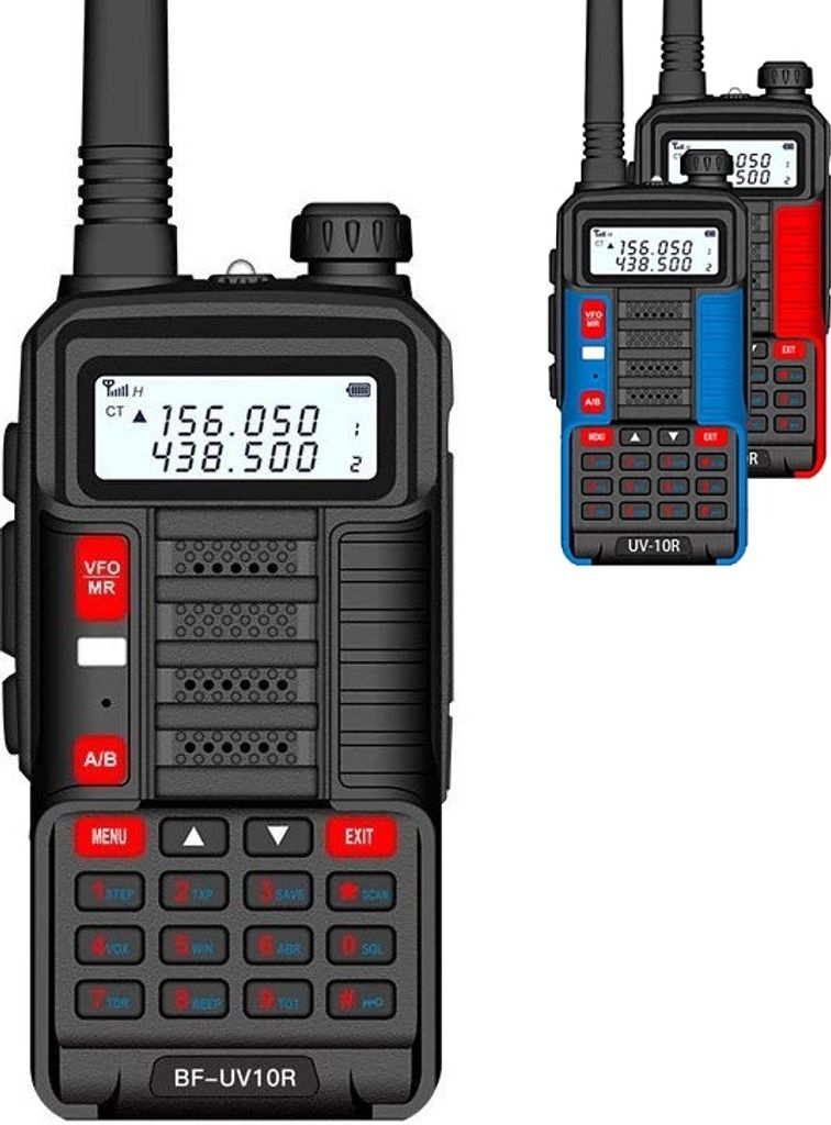 Three walkie-talkies are displayed against a white background. One is in the foreground and is black, with a blue and red front panel. Two others are in the background, one red and one blue.