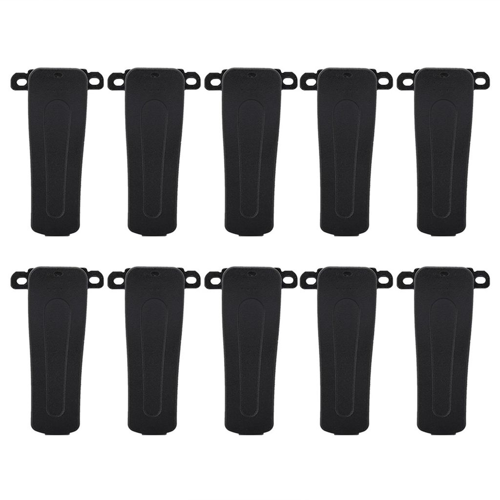 A collection of ten black belt clips arranged in two rows of five.