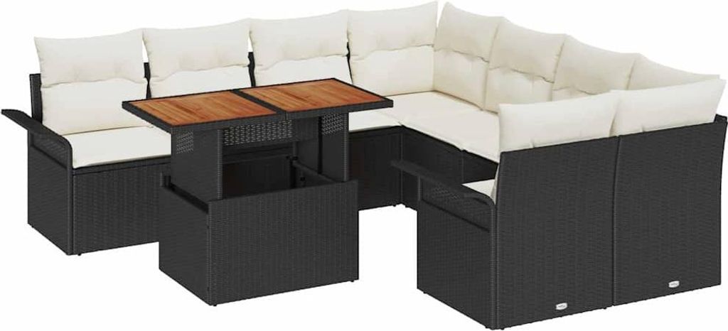 vidaXL Garten-Sofa-Set mit Speicher 9 pcs Schwarz Poly Rattan