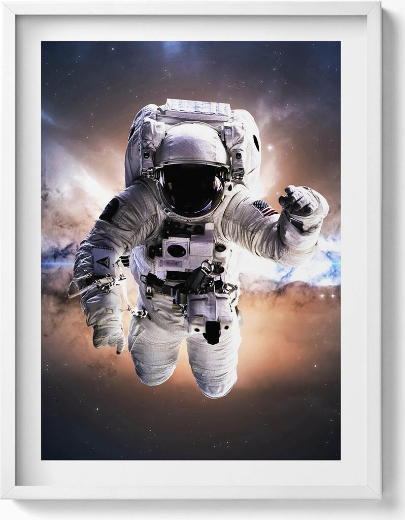 Astronaut im Weltraum– Wandbild mit Rahmen – Gerahmtes Bild – Wanddekoration – 60x80 cm – Weiß Rahmen