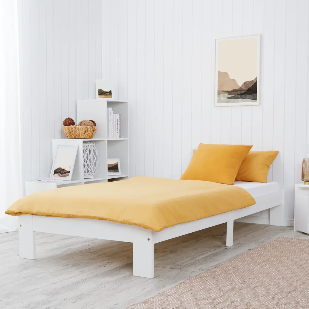 Lit une place 90x200 blanc en bois de pin véritable avec cadre robuste