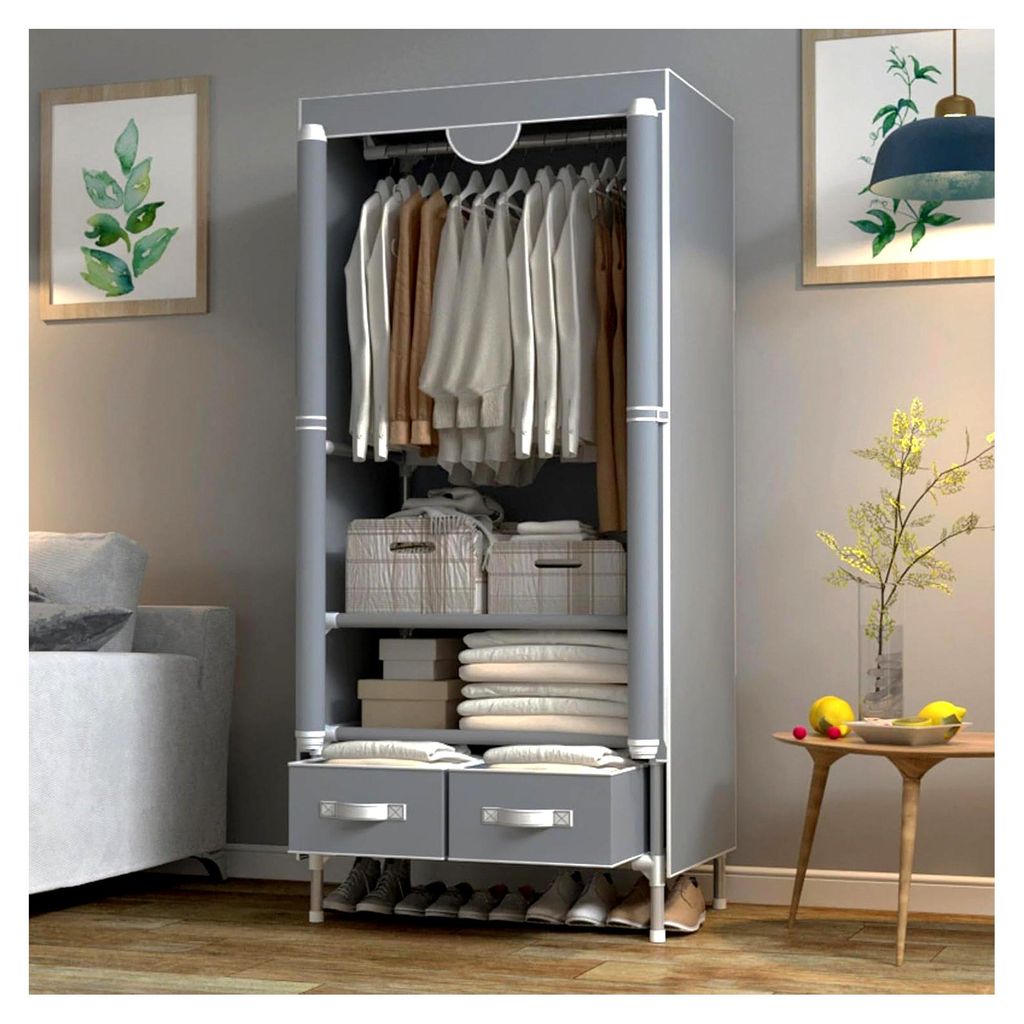 Kleiderschrank aus Segeltuch mit 2 Schubladen, tragbar, mit Kleiderstange und Regalen, 75 x 45 x 170 cm, für Schlafzimmer, Grau