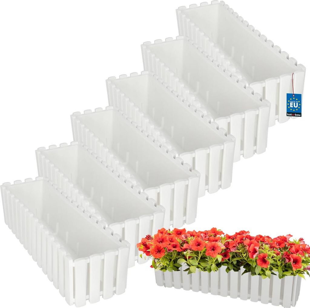 KOTARBAU 6er Set Blumenkasten Blumentopf 58x18x16 cm Weiß Kunststoff Pflanzkasten Balkonkasten Pflanzkübel Rechteckig Übertopf Groß Blumenkas...