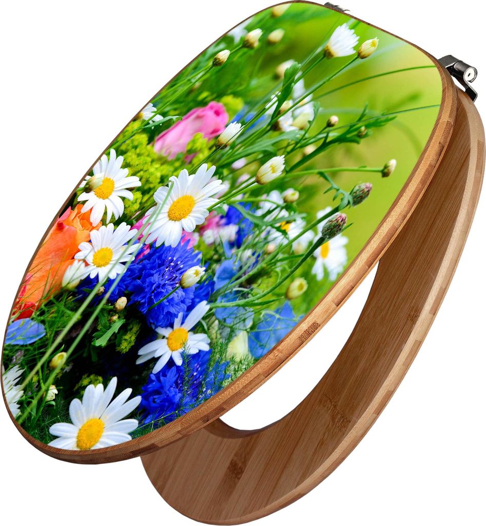 banjado Design WC Sitz Bambus 44x38x5cm - Blumenstrauß - Toilettendeckel/Toilettensitz Bambus - hochwertiger Bambus Klodeckel/WC-Sitz mit Universa...