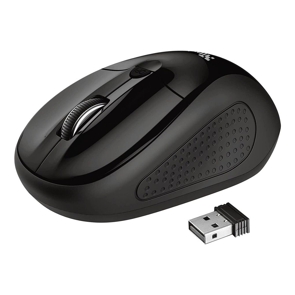 A black wireless computer mouse and its USB receiver are shown on a white background.