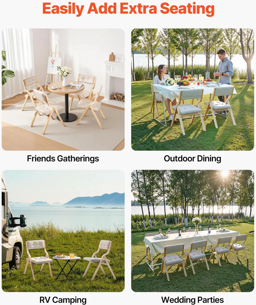 SucceBuy Sedia da giardino pieghevole con cuscino imbottito e struttura in legno, set di 2. Moderna sedia da pranzo per cucina, ufficio o feste, portata fino a 180 kg (per sedia), pieghevole, beige e bianca, design salvaspazio. - 6
