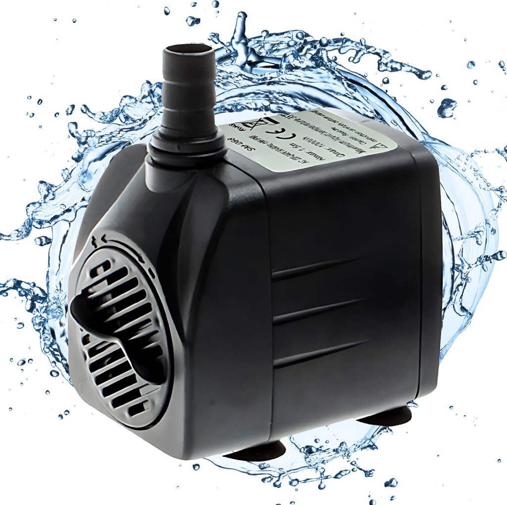 A black submersible water pump is shown with water splashing around it.