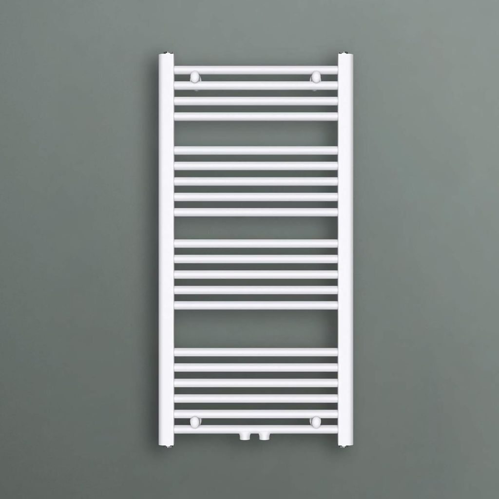A white towel radiator mounted on a gray wall.
