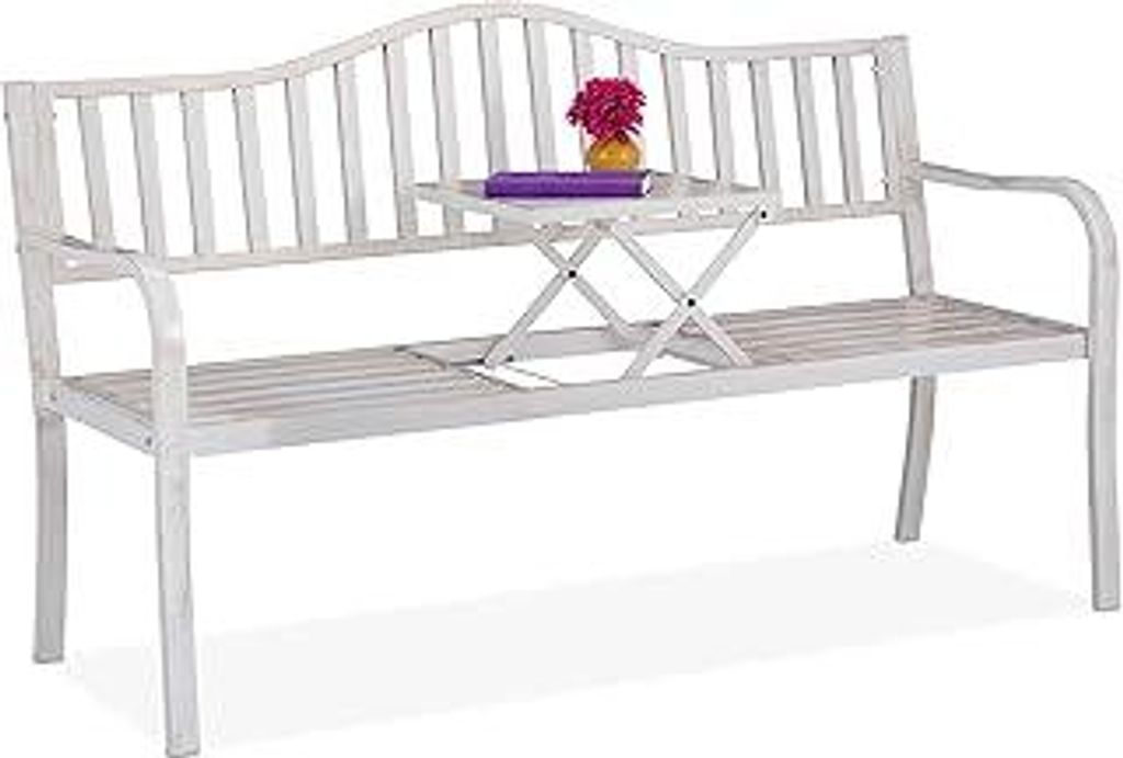 Gartenbank mit klappbarem Tisch, 3-Sitzer, Garten, Metall Balkonbank, HBT 89 x 150 x 58,5 cm, weiß-Bronze