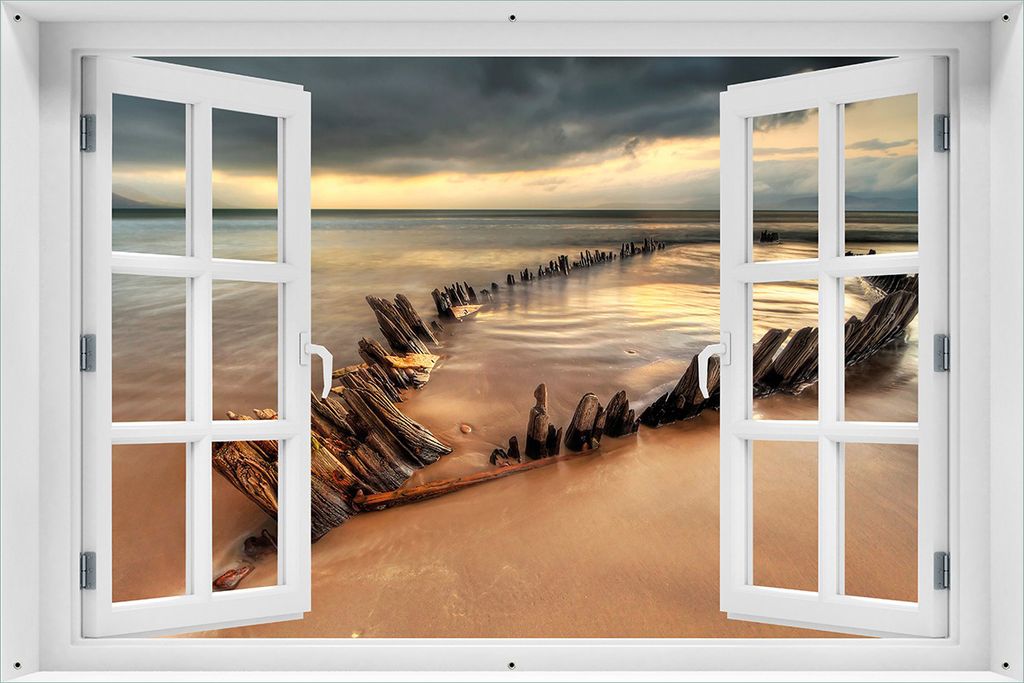 Wallario Outdoor-Poster für Garten oder Balkon 61 x 91,50 cm: Bootswrack in Irland am Strand