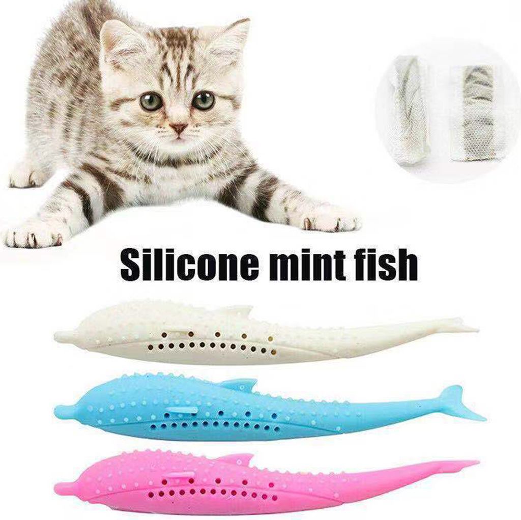 Interaktives Katzenspielzeug aus Silikon mit Fisch, mit Katzenminze befüllbar, lindert Langeweile, lebensmittelechter Kaustab zur Zahnreinigung f...