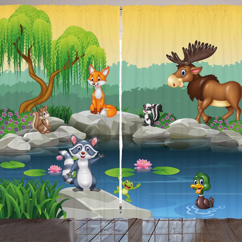 ARANDE Karikatur Gardine, Lustige Maskottchen-Tiere durch den See Elch-Fox-Eichhörnchen-Waschbär scherzt Kinderzimmer-Thema, 280 x 225 cm, Mehrfa...