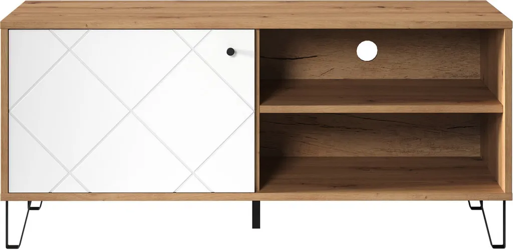 Petit meuble de rangement Touch bicolore blanc et bois avec niches, 85cm