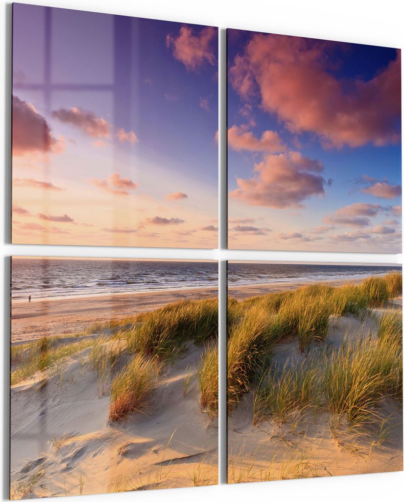 DEQORI Glasbilder Acryl 4x50x50 cm 'Abendroter Dünenstrand' Wandbilder XXL groß