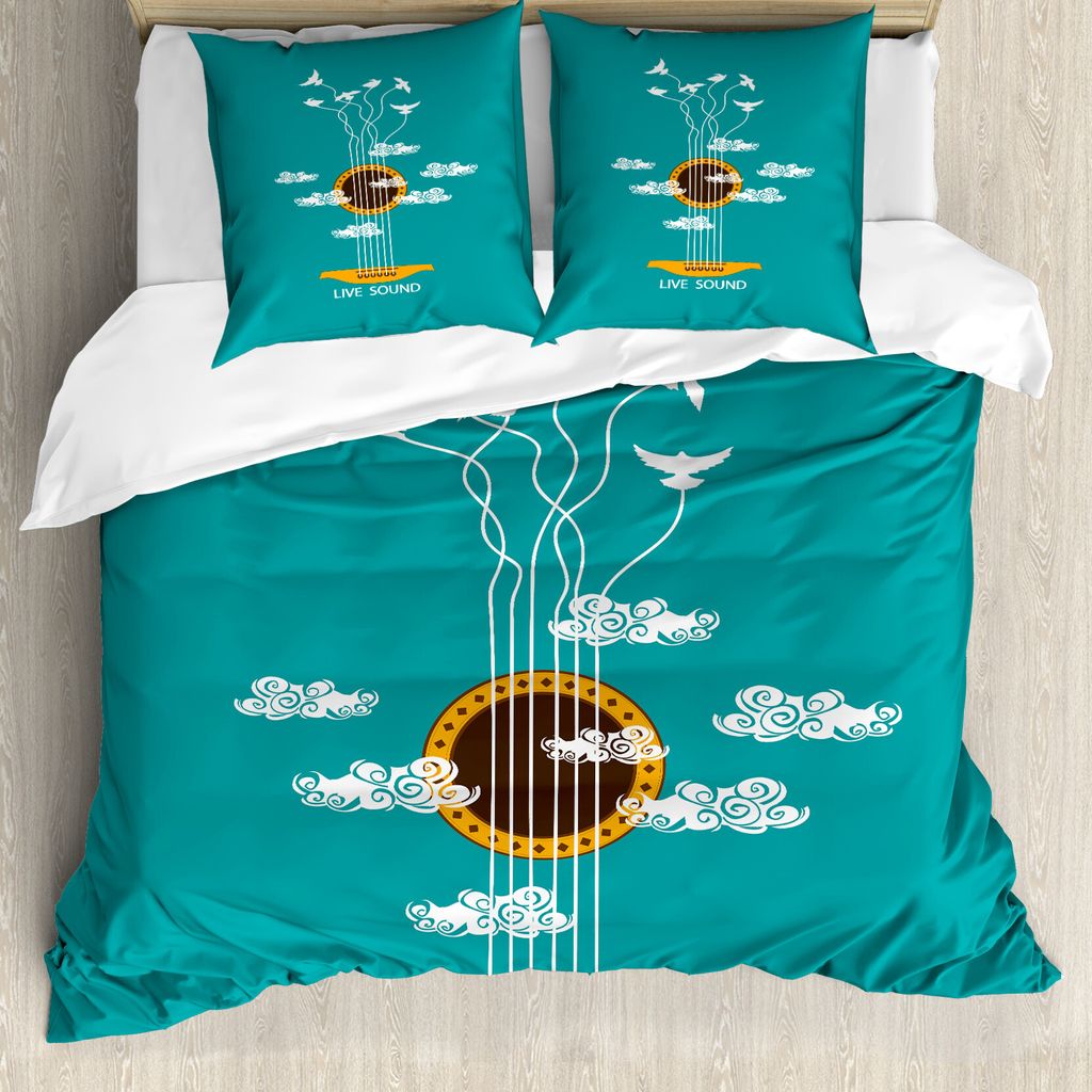 ABAKUHAUS Gitarre Bettbezug, Musikalische Freiheit Vogel, Milbensicher Allergiker geeignet mit Kissenbezügen, 155 cm x 220 cm - 80 x 80 cm, Turquo...