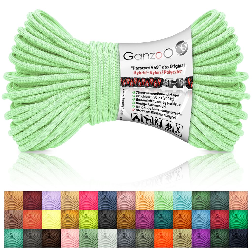 Paracord 550 Seil Hell-Grün/Typ Hybrid für Armband, Leine, Halsband, Nylon/Polyester Hybrid-Seil, Neue Ausführung, 30 Meter