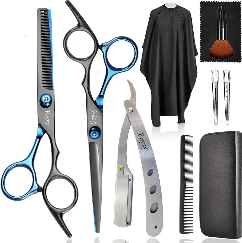 Set de coupe de cheveux 10 pièces avec ciseaux de coiffeur pro bleus