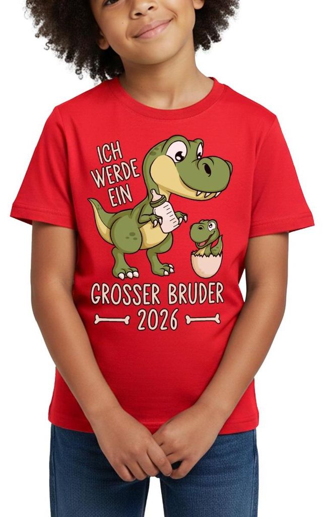 Spreadshirt Großer Bruder 2026 Ei Baby Dino Dinosaurier Kinder T-Shirt, 122/128 (7-8 Jahre), Rot