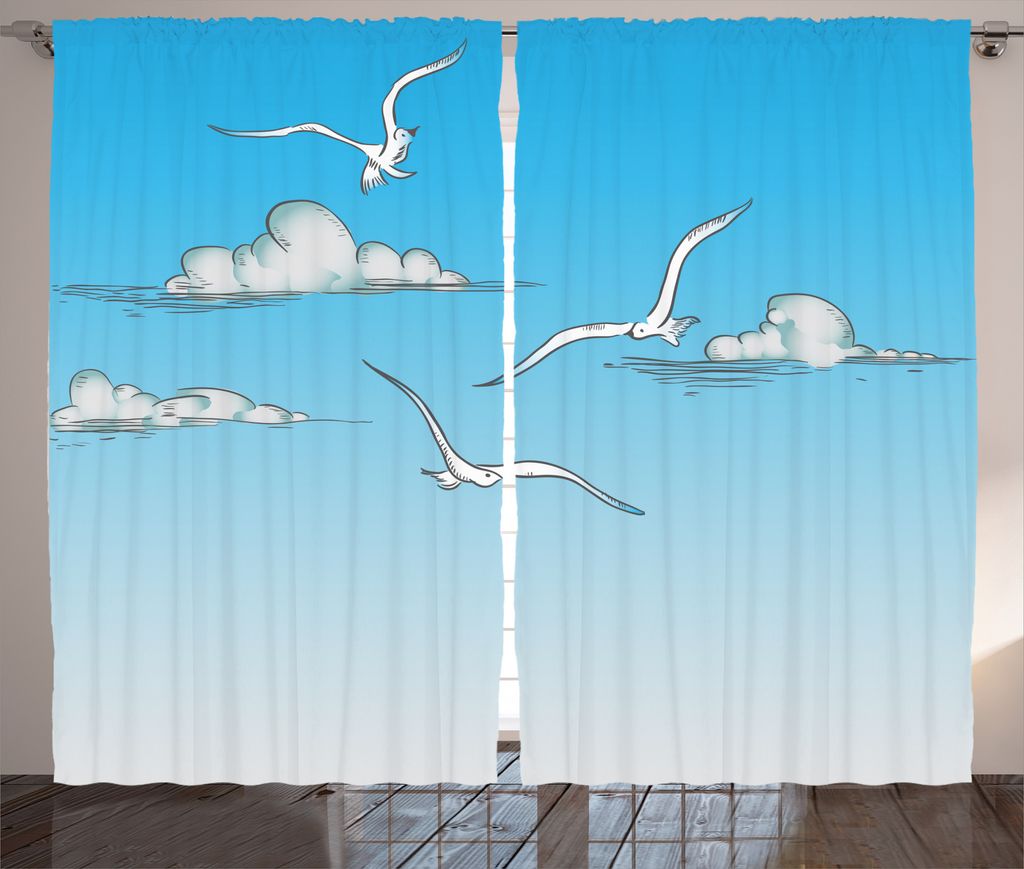 ABAKUHAUS Blau Rustikaler Vorhang, Möwen fliegen Ombre Himmel, Wohnzimmer Universalband Gardinen mit Schlaufen und Haken, 280 x 175 cm, Weiß Blau