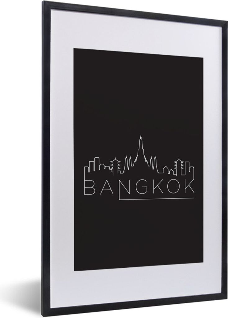MuchoWow MuchoWow Gerahmtes Poster Skyline "Bangkok" weiß auf schwarz 40x60 cm - Poster mit zchwarzem Bilderrahmen - Poster in Rahmen