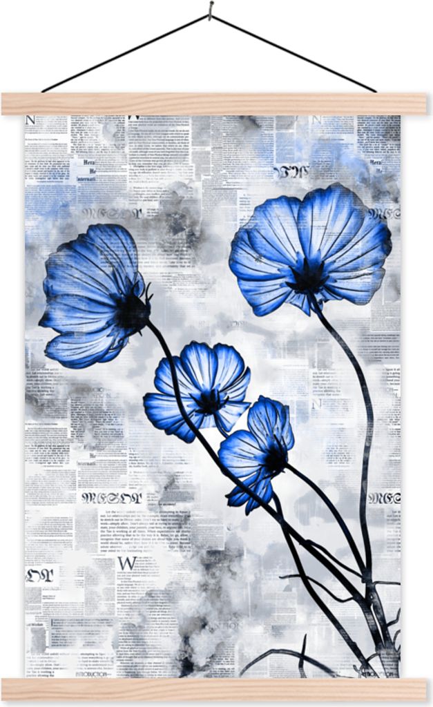 MuchoWow Textilposter Blumen - Zeitungspapier - Blau 40x60 cm mit holzfarbenen Rahmen - Poster