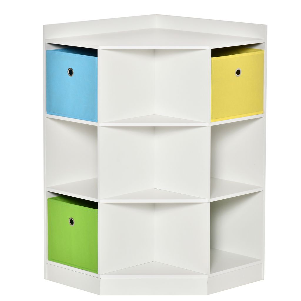 HOMCOM Kinderregal Eckregal mit 3 Aufbewahrungsboxen Kinderzimmer Spielzeugablage für 3-12 Jahre Kinder Weiß 57,4 x 57,4 x 94 cm