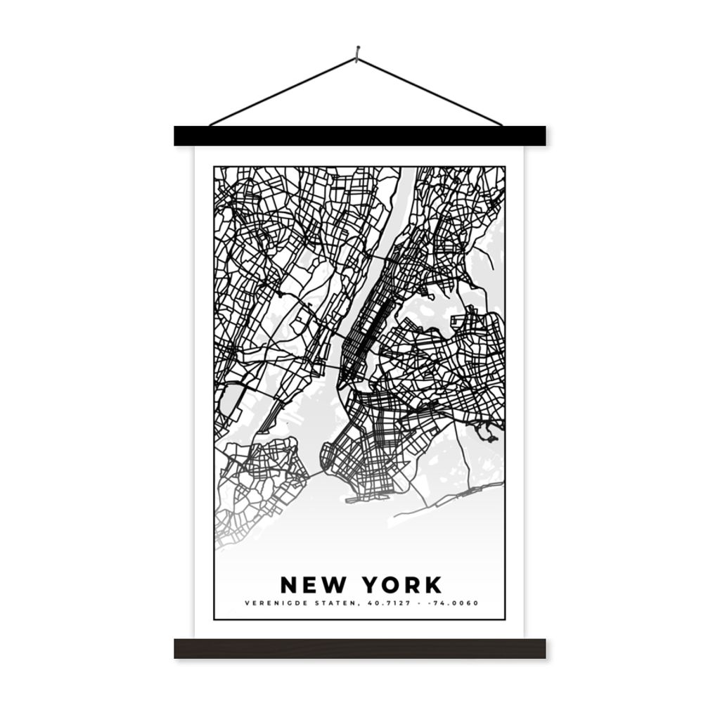 MuchoWow Textilposter New York - Stadtplan - Schwarz und weiß - Karte 120x180 cm mit schwarzem Rahmen - Fotos