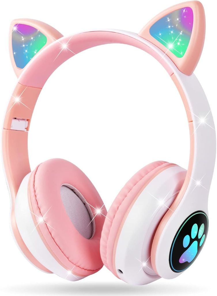 Kopfhörer Kinder, Kinderkopfhörer Bluetooth, Mädchen Katzenohr Over-Ear mit LED-licht Faltbare Stereo Kabellose, Mikrofon,Micro SD/TF für Handy...