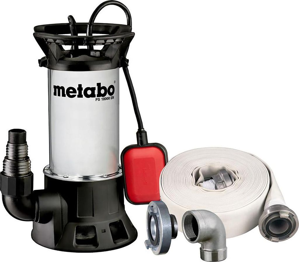Metabo Set Schmutzwasser-Tauchpumpe PS 18000 SN, mit Ablauf-Garnitur mit Armaturen (15 m x 2), Storzkupplung (2 x 1 1/2) und Winkelanschluss Edelst