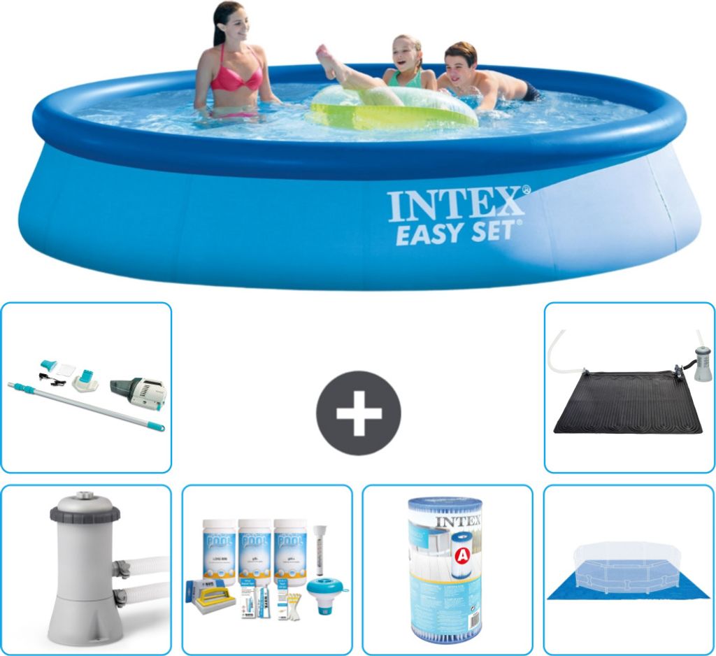 Intex runder aufblasbarer Easy Set-Schwimmpool – 396 x 84 cm – Blau – inklusive Pumpe Wartungspaket - Filter - Bodenplane - Staubsauger - Sol...