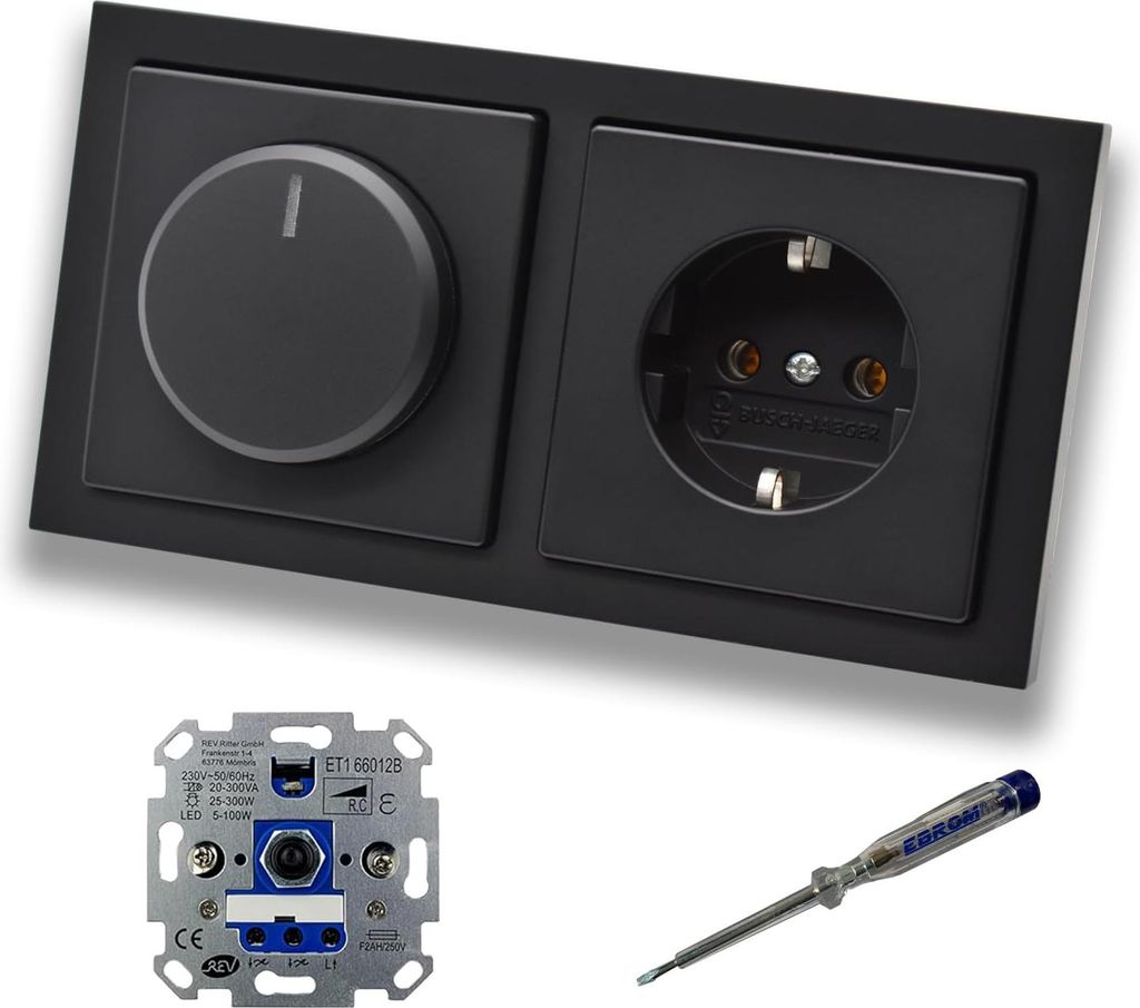 REV Ritter LED Drehdimmer Dimmer + Busch Jäger Dimmerscheibe 6540-885-102 und Steckdose 20EUC-885 in Future Linear schwarz matt inklusive EBROM Ph...