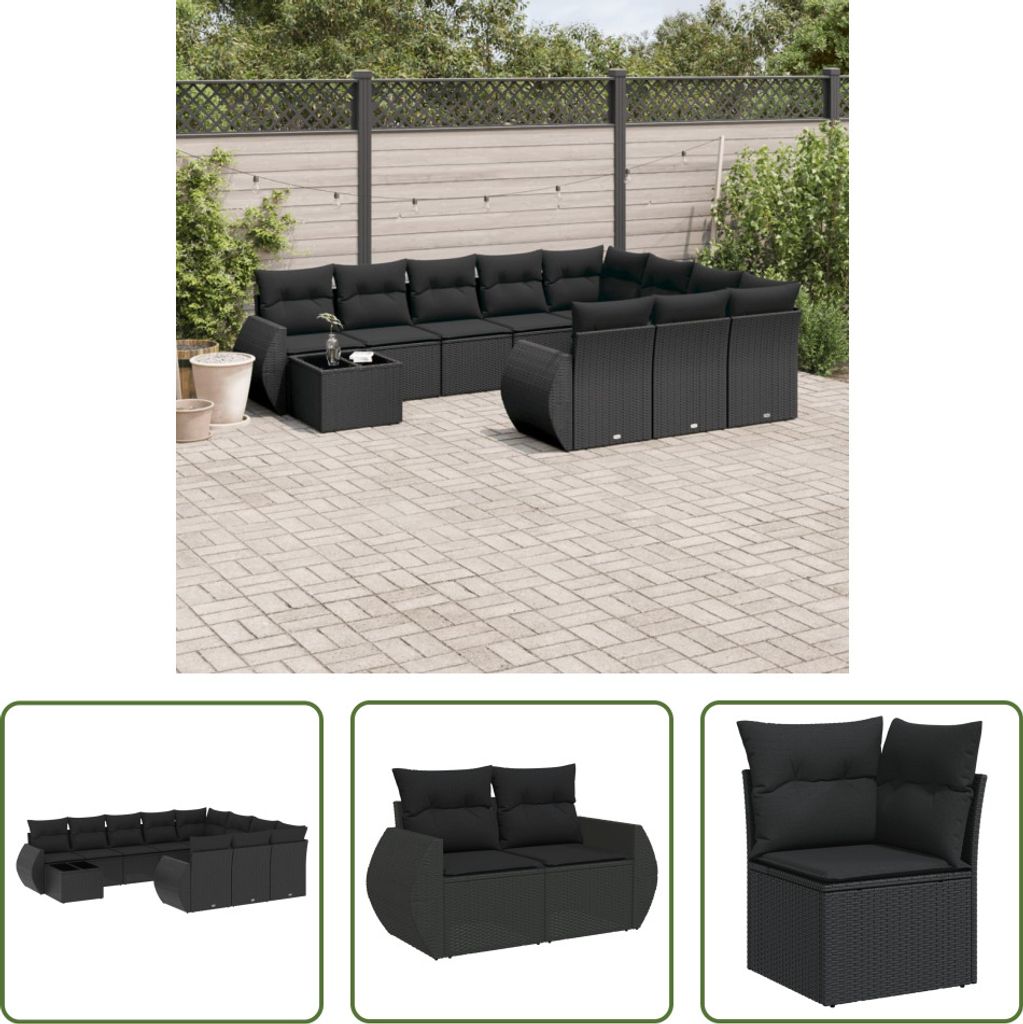 The Living Store 11-tlg. Garten-Sofagarnitur mit Kissen Schwarz Poly Rattan
