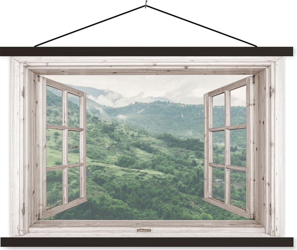 MuchoWow Textilposter Aussicht - Berg - Holz 150x100 cm mit schwarzem Rahmen - Schlafzimmer