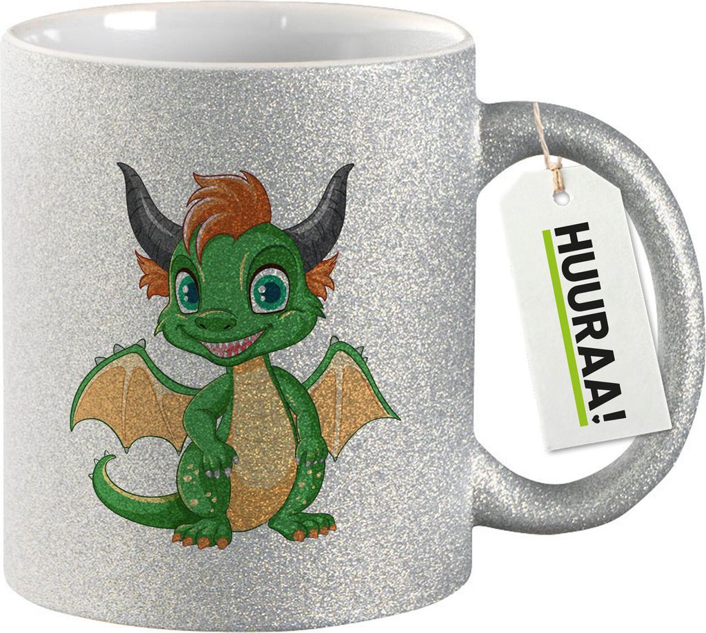 Huuraa Glitzertasse Drache Fabelwesen 330ml Silber Keramik Kaffeebecher Geschenkidee
