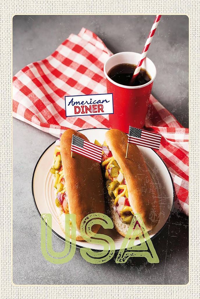 vianmo Holzschild 18x12 cm Amerika USA Hot Dog Gurken Senf Cola Bildmotiv Reisemotiv